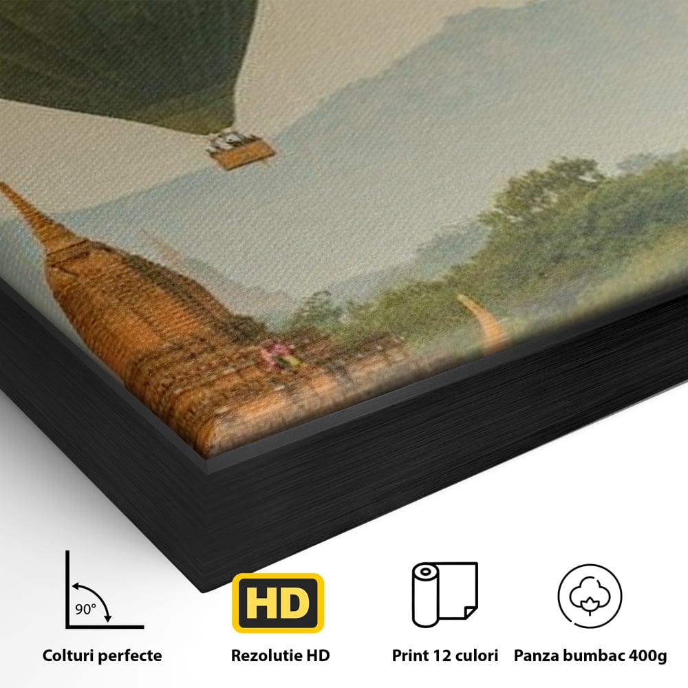 Detaliu al suprafetei: tablou canvas cu peisaj din myanmar, in rama de aluminiu negru